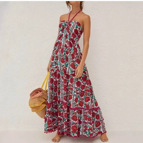 Anthropologie Red and White Smocked Halter Maxi Dress - Picture 2 of 8